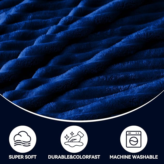 Nookly Navy Fleece Throw Blanket for Couch, Soft Lightweight Ribbed Plush Blanket for Sofa and Bed, All-Season Cozy Striped Throw for Women Girl 50x60 Inches