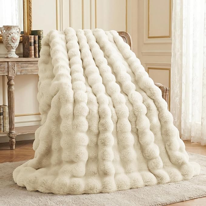 L'AGRATY Faux Rabbit Fur Blanket: 90" x 90" Queen Luxury Soft Fluffy Thick Fur Throw Blanket for Couch Bed Sofa - Cozy Plush Bubble Blankets for Winter: Flannel Fleece Decorative Blanket(Almond White)