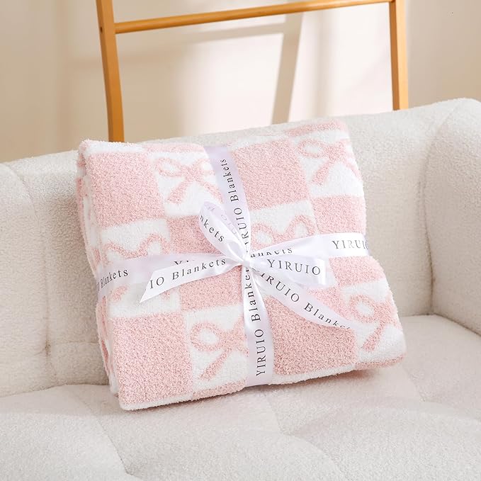 YIRUIO Pink Checkered Knit Throw Blanket with Bow Pattern for Women Daughter 50x60 Ultra Soft Microfiber Reversible,Fluffy Fuzzy Cozy Throw for Bed, Sofa & Couch Home Decor