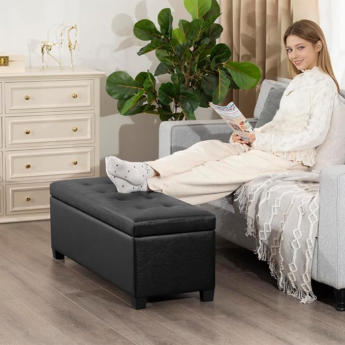Homebeez 42" Faux Leather Storage Ottoman,End of Bed Bench,Upholstered Ottoman Bench with Storage for Living Room,Bedroom,Entryway