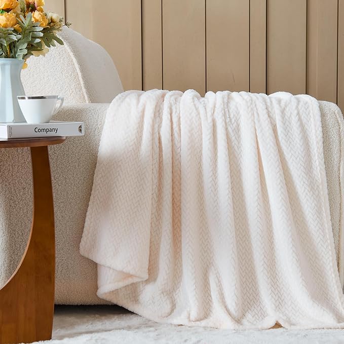 NEWCOSPLAY Super Soft Throw Blanket Ivory Premium Silky Flannel Fleece Leaves Pattern Lightweight Bed Blanket All Season Use (Ivory, Throw(40"x50"))