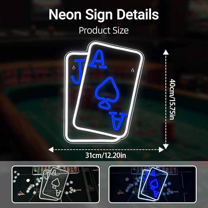 Gamerneon Playing Cards Neon Signs for Wall Decor Poker Teens Led Neon Light Blue White Usb Light Sign for Bedroom Casino Bar Hotel Play Room Birthday Party Decor
