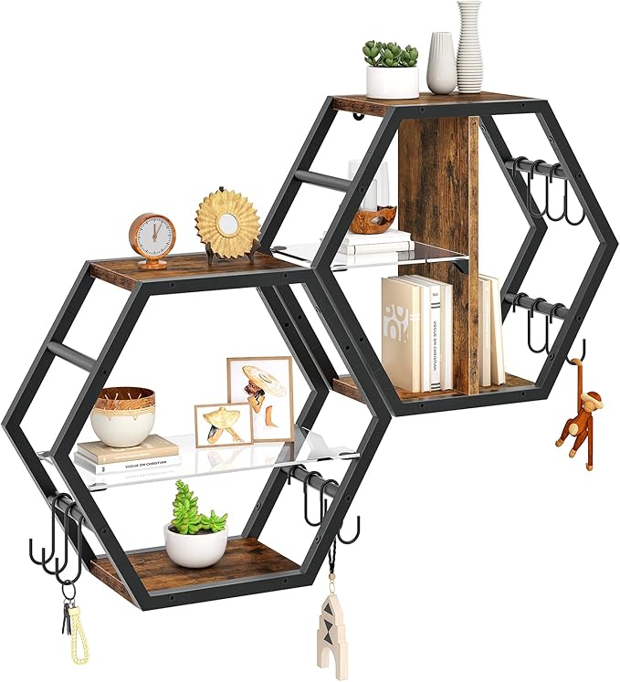 Hexagon Floating Shelves Set of 2, 18.9" Glass Hanging Shelves for Wall Decor, Wall Storage Rack and 12 S-Hooks, for Living Room, Bedroom, Office, Game Center, Rustic Brown TBJ08BF