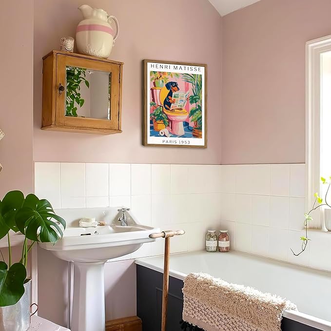 Funny Dog Bathroom Wall Art Henri Matisse Dachshund Bathroom Wall Decor Picture Whimsical Puppy Reading Newspaper in Toilet Poster Painting Canvas Print 16x24 inch Wood Framed