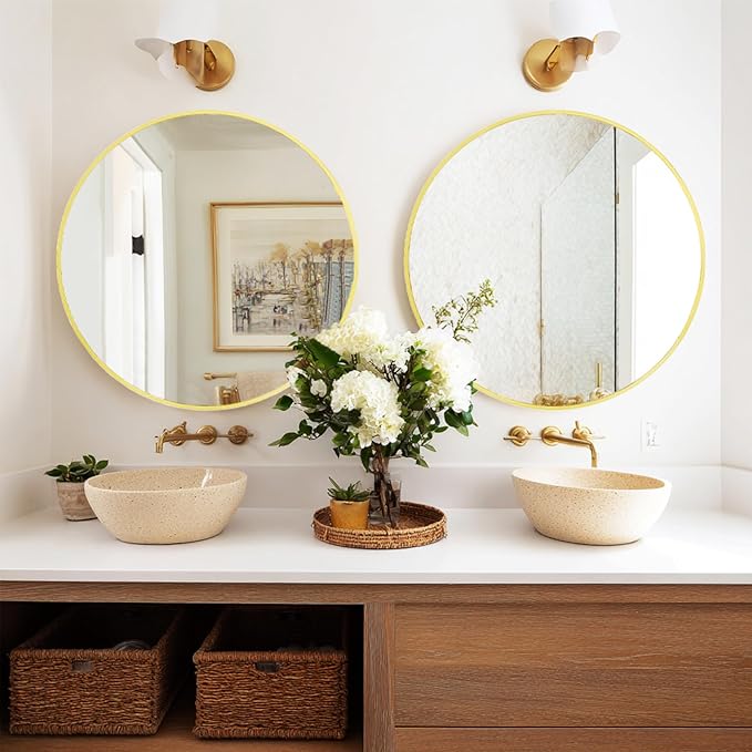 Gold Round Mirror 24 inch, 2 Pack Gold Circle Mirror, Round Bathroom Mirrors Metal Frame for Bathroom, Bedroom, Living Room, Hallway.