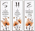 DONFENTHY 3 Pieces Orange Bedroom Decor Orange Floral Bathroom Decor Wooden Hanging Wall Art Christian Quotes SHE Word Sign Gift for Women Bedroom Living Room Office (12x4 Inch)