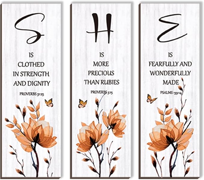 DONFENTHY 3 Pieces Orange Bedroom Decor Orange Floral Bathroom Decor Wooden Hanging Wall Art Christian Quotes SHE Word Sign Gift for Women Bedroom Living Room Office (12x4 Inch)