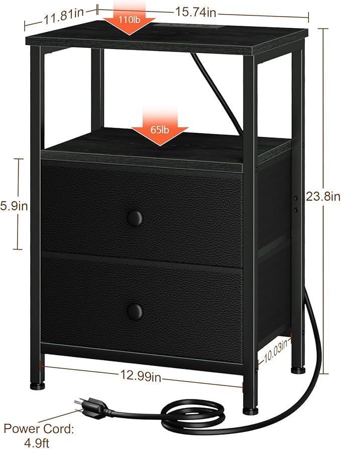 Night Stand with Charging Station, Small Bedside Table with 2 Fabric Drawers, Nightstand with USB Ports & Outlets for Bedroom, Living Room, Black, HETS020BK-1