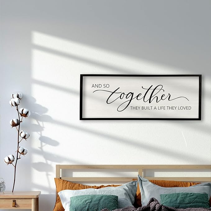 comurdyo And So Together They Built A Life They Loved Framed Wood Farmhouse Sign - 32'X12' Master Bedroom Above Bed Wall Art for Love Sign Decor (Black)