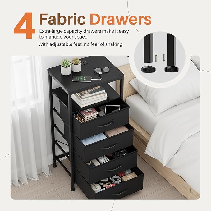Sweetcrispy Nightstand with Charging Station, Bedside End Table with 4 Fabric Drawers & USB/Type-C Ports and Outlets, Night Stand for Bedroom Furniture, Adjustable Feet and Variable Light Strip, Black