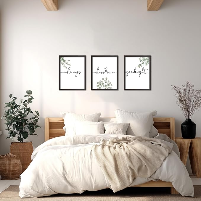 Always Kiss Me Goodnight Wall Art Framed Set of 3, Botanical Prints for Bedroom, Sage Green Eucalyptus Decor Above Bed, Love Theme Modern Couples Master Bedroom Wall Decorations 12x16 Inch