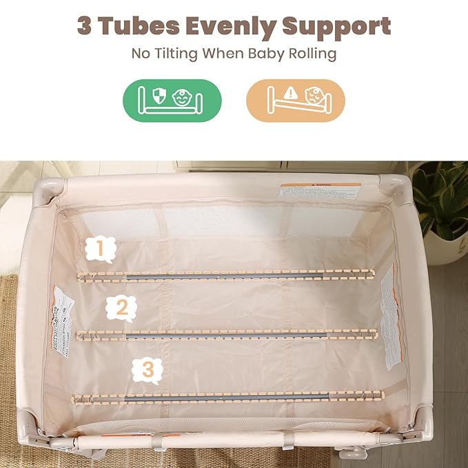 Baby Bassinets Bedside Sleeper, 4 in 1 Portable Bedside Crib w/Mattress, Diaper Changer, Storage Basket, Music Box, Carry Bag, Foldable Playard Sleeper for Newborn (Beige)