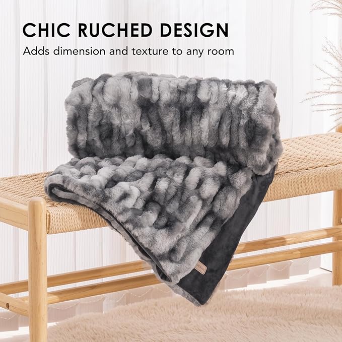EVERGRACE Luxurious Soft Faux Fur Throw Blanket, Cozy Fuzzy Plush Warm Throws for Couch Bed Sofa Chair Home Decor, Ruched Bubble Fluffy Blanket with Reversible Velvet, 50" x 60", Gray