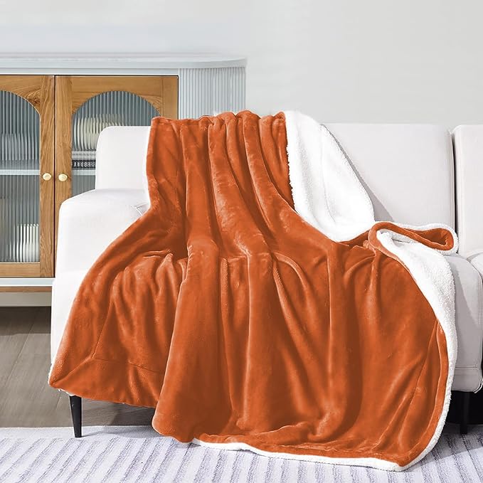 IR Imperial Rooms Sherpa Blankets Queen Size - Thick and Warm Burnt Orange Blankets for Winter, Reversible Soft and Fuzzy Fluffy Queen Size Blanket for Bed, Rust, 90x90 Inches