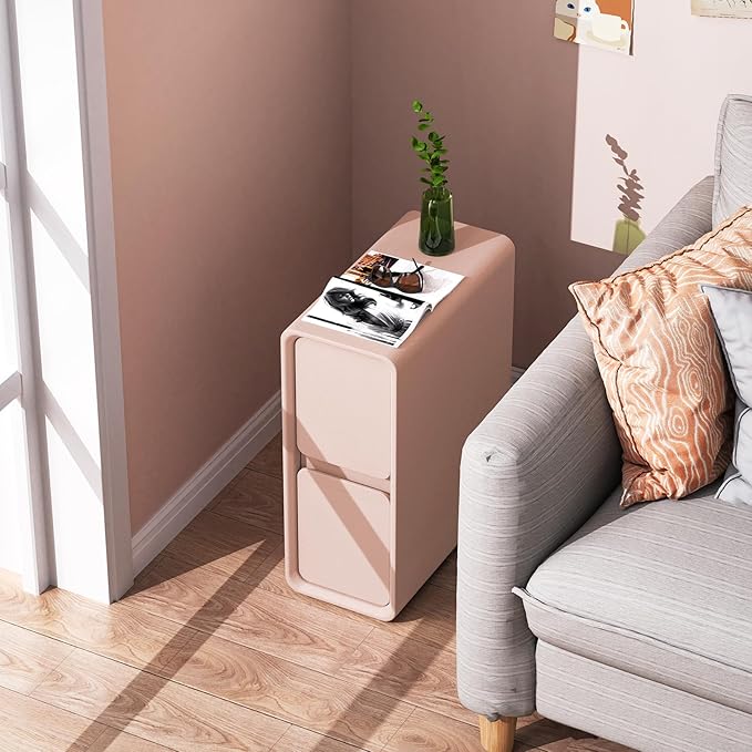 VICITON Modern Narrow Faux Leather Nightstand, Solid Wood Drawer, Storage Accent Table, Small Side End Table for Bedroom (Pink, Narrow)
