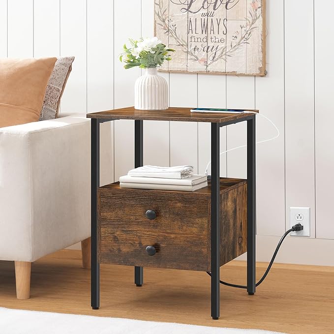 HOOBRO End Table with Charging Station, Bedside Table with 2 Drawer & USB Port & Type-C Port, Nightstand for Small Spaces, Stable and Sturdy, for Living Room, Rustic Brown BF43UBZ01