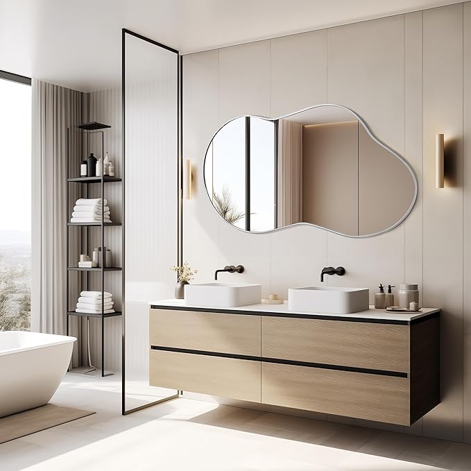 Irregular Wall Mirror - Wall Mirrors Decorative 20"x36" Silver Asymmetrical Mirror Tempered Glass Aviation Aluminum Alloy Frame for Bathroom, Bedroom, Living Room, Cloakroom, Entryway