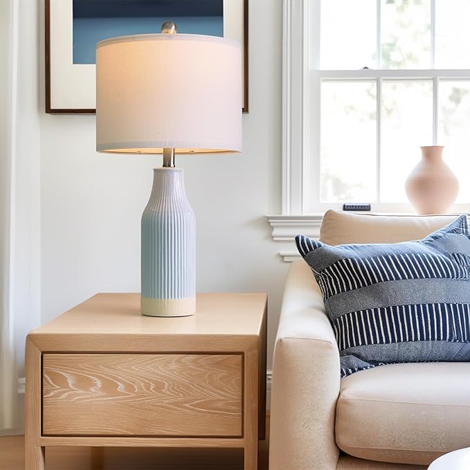 23.75inch Light Blue Modern Ceramic Bedside Lamp Set of 2 with 5FT Cord for Bedroom Decor Farmhouse Table Lamp for Living Room Office Dorm