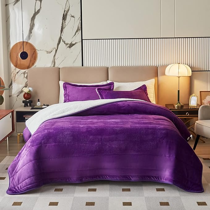 3-Layer Luxury Flannel Fleece Thick Bed Blanket Twin Size, Soft Plush Velvet Sherpa Blanket with 2 Pillow Shams Heavy Warm for Winter, Breathable n Washable, Purple