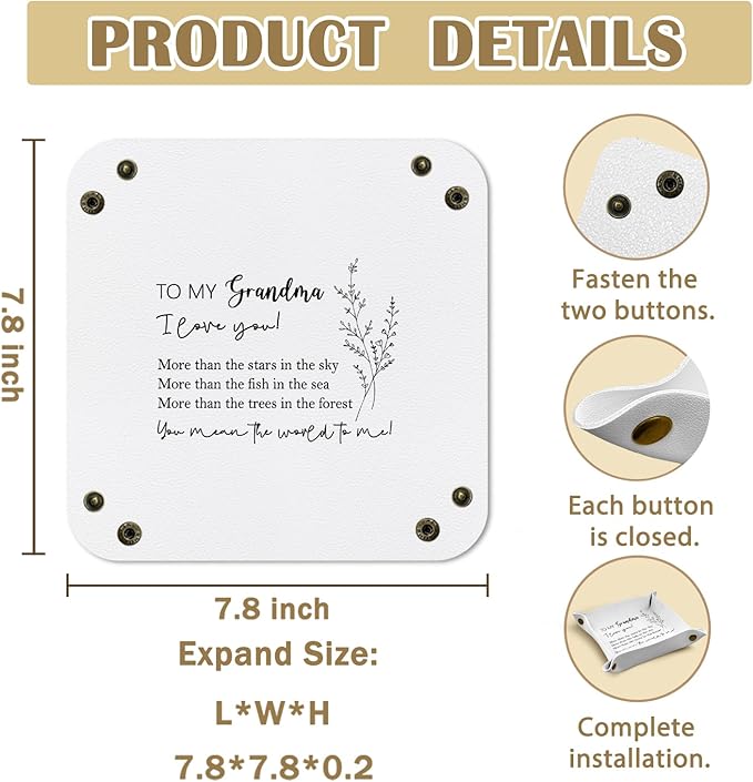 Grandma Gifts Leather Jewelry Valet Tray,Best Grandma Gifts for Christmas from Grandkids PU Leather Catchall Beside Caddy Nightstand Organizer Tray for Jewelry Rings Watches Keys,7.8x7.8inch