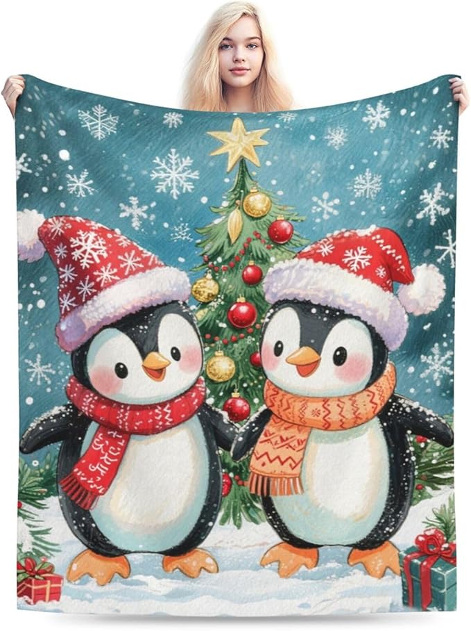 Penguin Throw Blanket - Soft Plush Fleece Christmas Winter Blankets- Cozy Penguin Stuff Gifts for Women Girls Kids 40"X50"