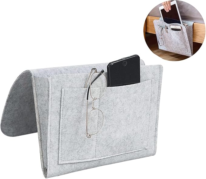 Felt Bedside Caddy,Bed Side Pocket Storage Organizer Bag with 5 Pockets and Charging Hole for Home Bedroom, Living Room (1PCS/Grey)