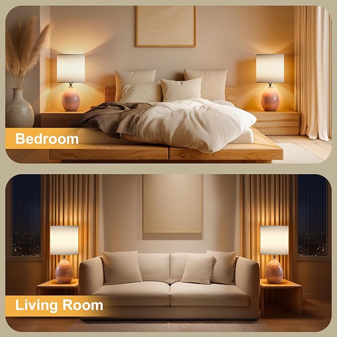 18.5" Table Lamps Set of 2 for Living Room Bedroom, Bedside Lamps for Night Stands, Desk Nightstand Lamp Dimmable, Modern Linen Ceramic Lamps，Pink
