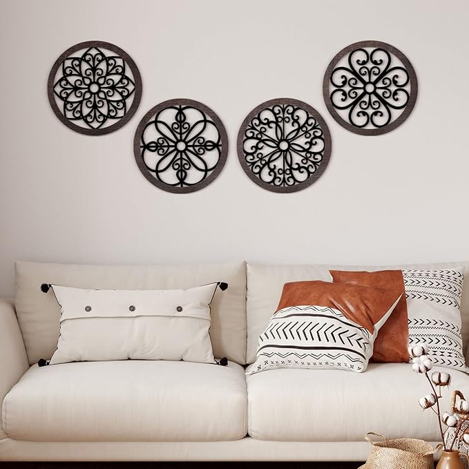 Yulejo 4 Pcs Thicken Rustic Wall Decor Farmhouse Kitchen Wall Round Art Wooden Hollow Carved Design Rustic Art for Living Room Bedroom Hallway Decor (9.8 x 9.8 Inch,Black, Brown)