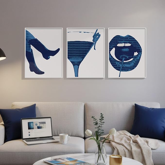 Framed Navy Blue Pop Wall Art for Room Decor, 3 Piece Funky Cocktail Boot Lip Artwork for Walls, Trendy Preppy Canvas Prints, Modern Blue Picture for Living Room Bedroom Apartment Wall Decor, 12x16 In