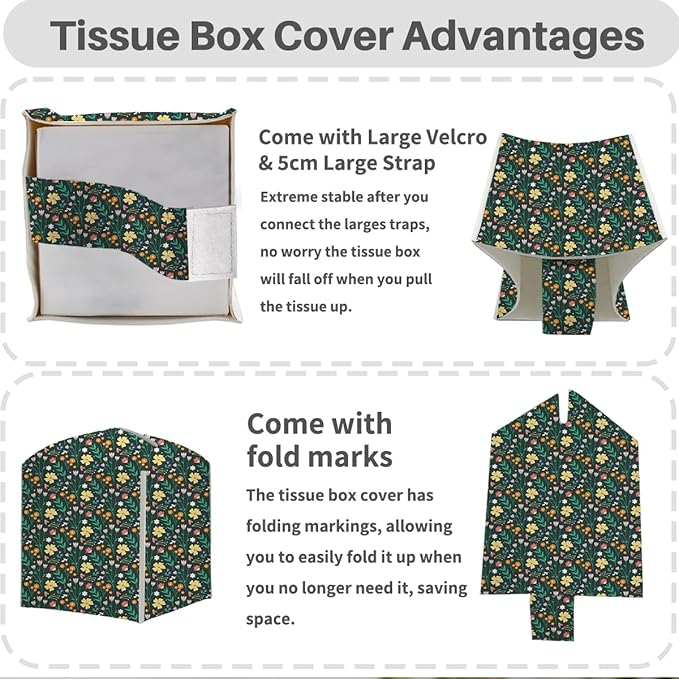 Tissue Box Cover, Tissue Box Holder, Square with Belt Bottom, PU Leather Decorative Organizer for Desk, Tabletop, Countertop Bathroom, Toilet, Car, Office, Dresser Kitchen, Aesthetic Wildflowers Decor