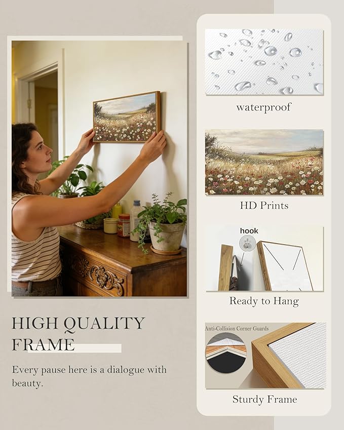 SHENIFY Vintage Framed Wall Art Meadow with Flowers Landscape Scenery Home Decor Retro Wildflower Field Decorations for Farmhouse Bedroom Ready to Hang Wall Artwork - 8x16in Natural Framed