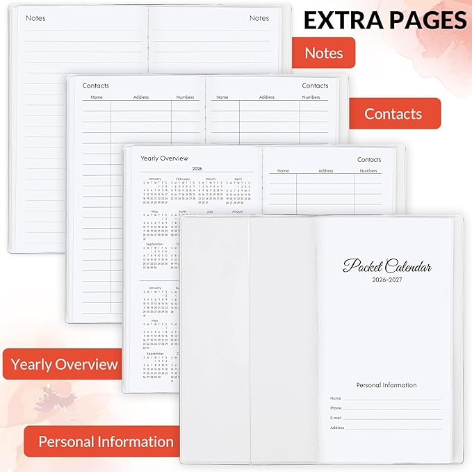 Pocket Calendar 2026-2027, Orange 2026-2027 Monthly Planner - 3.7" x 6.7" - Runs from January 2025 Until December 2027, 2026 Pocket Calendar with PVC Cover for Home, School, Office Supplies