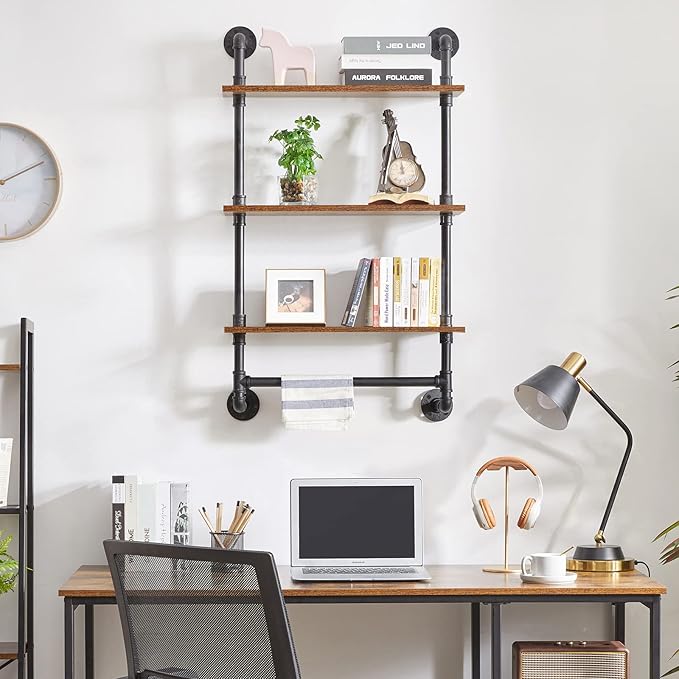 IBUYKE Industrial Pipe Shelf,40.5 inches Wall Mount Bookcase,3-Tier Wall Shelf with Towel Bar,Rustic Iron Pipe Floating Shelvesfor Bedroom,Kitchen,Living Room,Bathroom URF-TM015