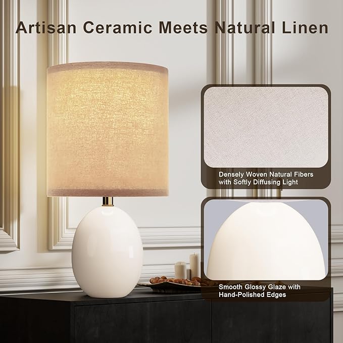 18.5" Table Lamp Set of 2 for Living Room Bedroom, Bedside Lamps for Night Stands, Desk Nightstand Lamp Dimmable, Modern Linen Cream Ceramic Lamps (White-B)