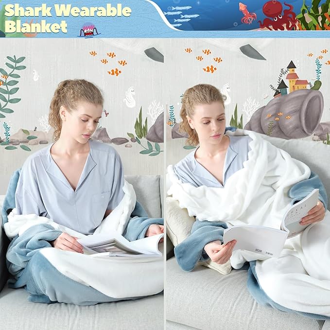 Touchat Shark Blanket Onesie Costume for Adult, Super Soft Cozy Flannel Cartoon Throw Wearable Blanket Hoodie Sleeping Bag Cosplay Gifts for Shark Lovers (Blue, XXL)