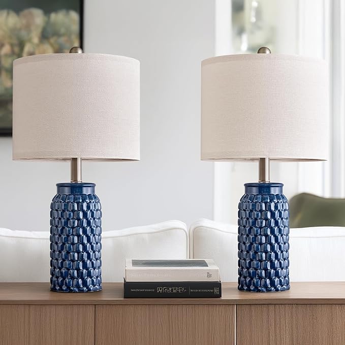 20.5" Small Bedside Lamps Set of 2 with 5FT Cord, Blue Ceramic Modern Farmhouse Table Lamps for Nightstand, Living Room, Bedroom, 3D Honeycomb Stylish End Table Lamps(Bulb Not Included)