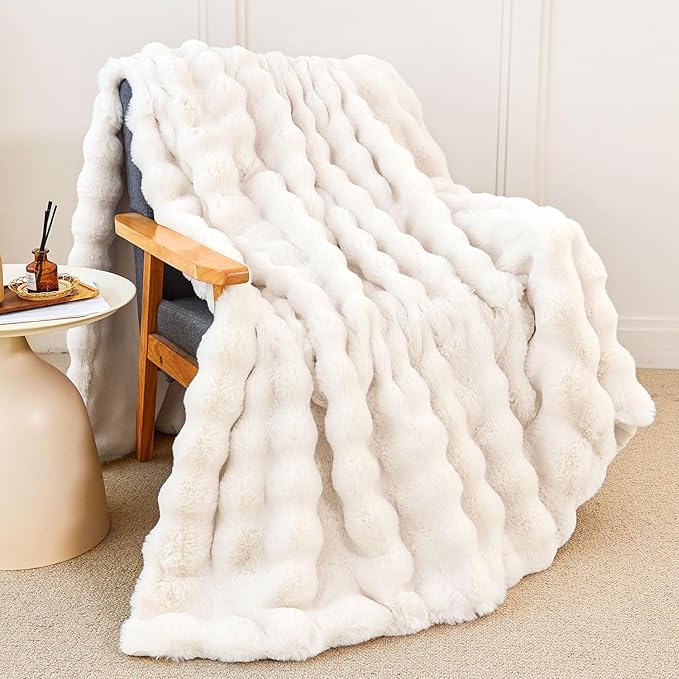 Faux Rabbit Fur Throw Blanket for Couch, Fluffy Warm Plush Thick Bubble Blanket for Bed Sofa Living Room, Soft Cozy Furry Blanket, 60x80 inches, Cream White