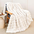 Faux Rabbit Fur Throw Blanket for Couch, Fluffy Warm Plush Thick Bubble Blanket for Bed Sofa Living Room, Soft Cozy Furry Blanket, 60x80 inches, Cream White