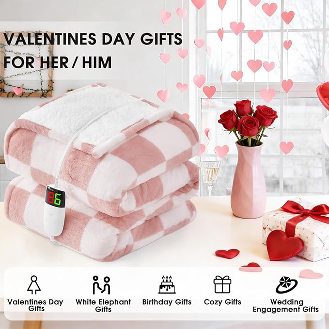 Light Pink Heated Blanket Electric Throw, 50X60 Heating Blanket with 10 Heat Levels & 8 Hours Auto Off for Lap, Checkered Plaid Soft Sherpa Blankets for Mom Grandma Women Couch