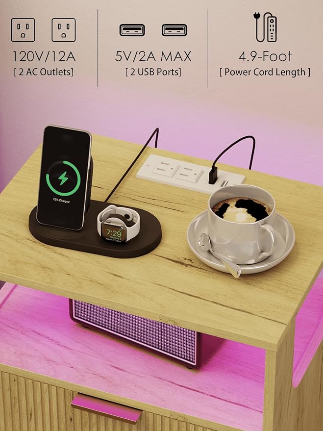 Nightstand, Modern Bedside Table with 2 Storage Drawer and Open Wood Shelf for Bedroom and Small Spaces, Night Stand with Solid Wood Legs (Yellow Oak-Outlet)