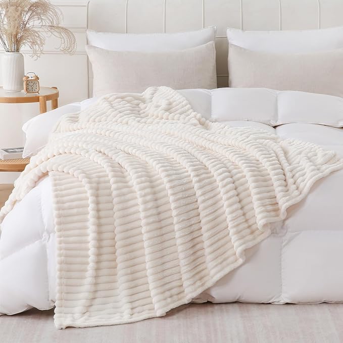 Cream White Throw Blanket for Couch Sofa 50x60 inches Striped Fleece Blankets Room Home Decor Lightweight Plush Soft Cozy Gifts for Women Mom Girls