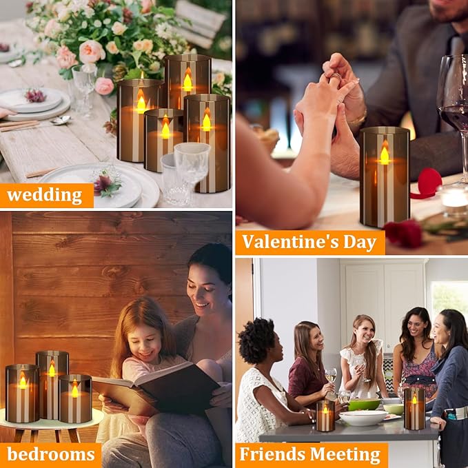 wemarry Flameless Candles 4" 5" 6" Acrylic Glass Pillars 3" Diameter Battery Operated Flickering Candles Include 8-Key Remote with Timer Function 400+ Hours (Gray, Warm Light 12 Pack)