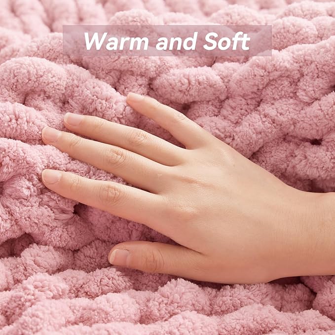 Chunky Knit Throw Blanket, 80''*90'' Knitted Throw Chenille Yarn for Bed Couch, Handmade Light PinkCrochet Big Thick Blanket, Machine Washable Cute Comfy Blanket for Home Decor