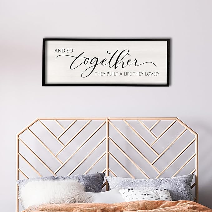 comurdyo And So Together They Built A Life They Loved Framed Wood Farmhouse Sign - 32'X12' Master Bedroom Above Bed Wall Art for Love Sign Decor (Black)