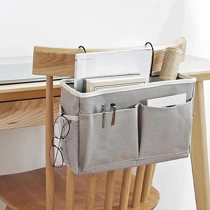 Large Capacity Bedside Storage Organizer - Cotton Linen Bedside Caddy with Pockets Hooks for Headboards Bunk Bed/ 11x4x7.5