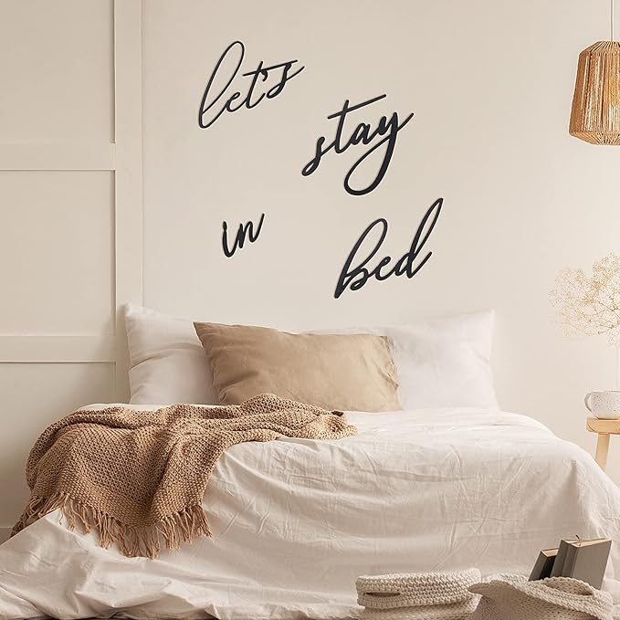 4 Pieces Let's Stay in Bed Wall Decor Rustic Bedroom Decoration Black 3D Wooden Letters Handmade Wood Summer Decor Love Quote Home Sign for Home Bedroom Apartment Office Hotel