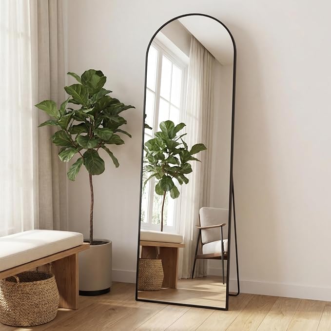 OLIXIS Arched Full Length Mirror 59"x16.3" for Bedroom, Full Body Mirror with Stand, Hanging or Leaning for Wall, Aluminum Alloy Thin Frame Floor Standing for Living Room, Long, Black