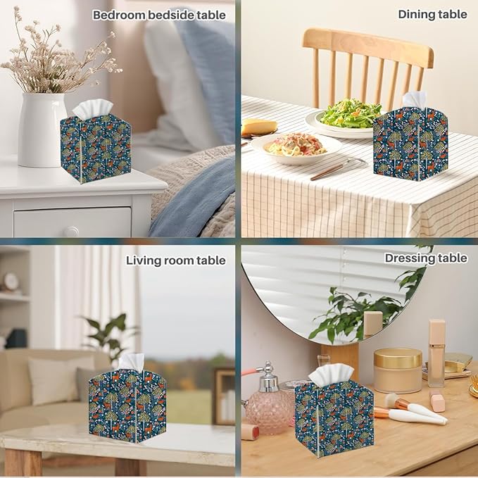 Tissue Box Cover, Tissue Box Holder, Square with Belt Bottom, PU Leather Decorative Organizer for Desk, Tabletop, Countertop Bathroom, Toilet Car, Office, Bedside, Kitchen, Deer Tree Flower Decor