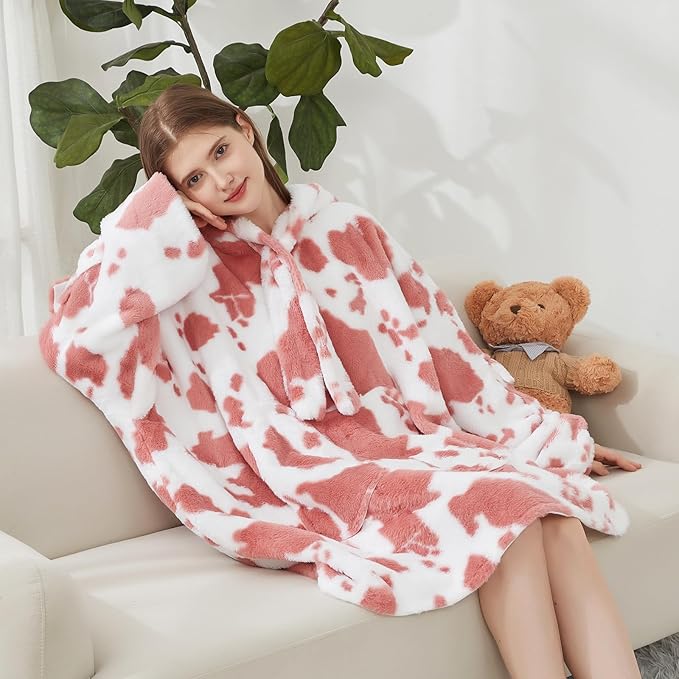 Softan Blanket Hoodie, Oversized Fleece Wearable Blankets for Women and Men Gifts, Cozy Warm and Soft Sweatshirt Blanket with Large Pocket, Pink Cow Print