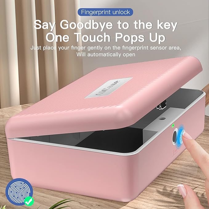 Biometric Fingerprint Storage Box, Portable Jewelry Cash Safe Storage Box, Rechargeable Lock Box for Car Home Office Travel (Pink)